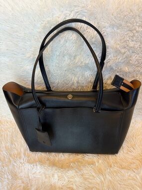 Tory Burch Parker Black Leather Tote with Gold Logo Zip Closure Double Handle